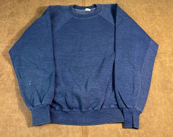 Vintage 60er 70er Fruit Of The Loom Basic Blank Raglan Made in USA Cotton Navy Pullover Sweatshirt Large