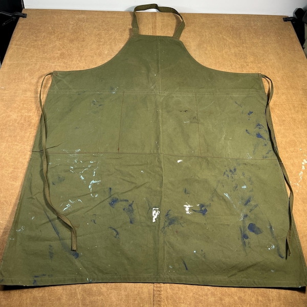 Vintage 40’s 50’s Olive Green Canvas Work Apron Paint Splattered Style Mechanics Work Wear OSFA