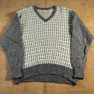 Jersey de punto gris de lana nórdica con estampado geométrico Alafoss Icewool, estilo vintage de los años 80, talla grande, fabricado en Islandia.