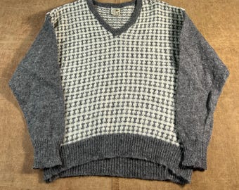 Vintage 80er Alafoss Icewool Geometrisches Muster Nordische Wolle Grau Strick Pullover Large Made in Island
