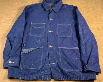 Vintage 60er Jahre Denim Workwear Vier Taschen Distressed Blau Button Up Jacke Extra Large