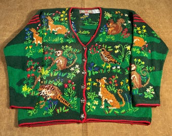 Vintage 80’s 90’s Rain Forest Cardigan Bay Animal Nature Picture Knit Hand Knitted Stitched Embroidered Green Button Up Sweater Large