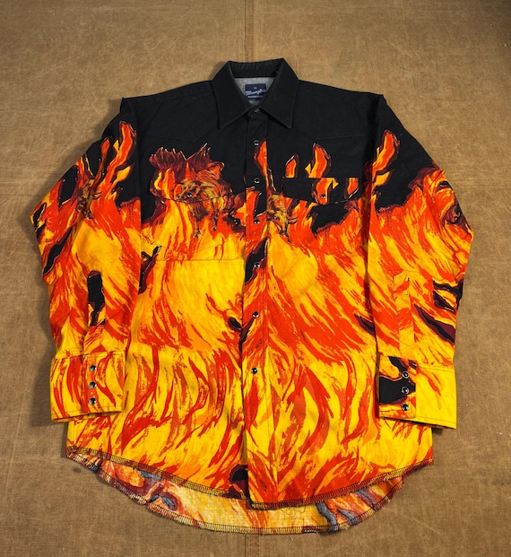 Vintage 90's Wrangler Two Pocket Pearl Snap Flames Buffalo Western