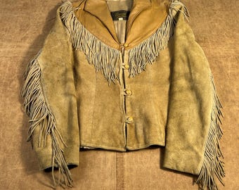 Vintage 70’s 80’s David James Suede Leather Fringe Style Made in USA Brown Button Up Jacket Size 11/12