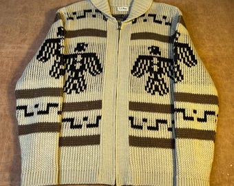 Vintage 70s LL Bean Cowichan Thunderbird Heavy Knit Wool Material Shawl Collar Tan Knit Zip Up Sweater Large Mens