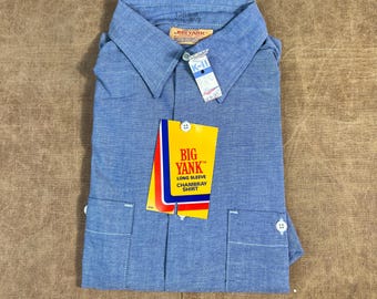 Vintage 70’s Big Yank Two Pocket Chambray Shirt Dead Stock Western Style Blue Button Up Shirt Large Work Shirt