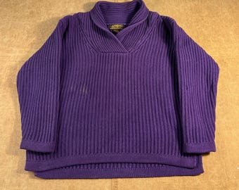 Vintage 90er Jahre Eddie Bauer Schalkragen gerippte Textur Baumwolle Lila Strickpullover Klein