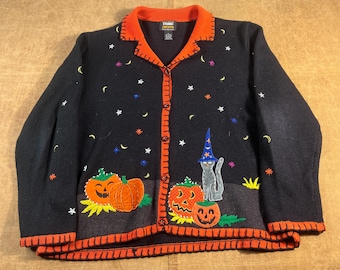 Vintage 90's Studio Treats Halloween Picture Knit Stitched Embroidered Black Knit Sweater Extra Large