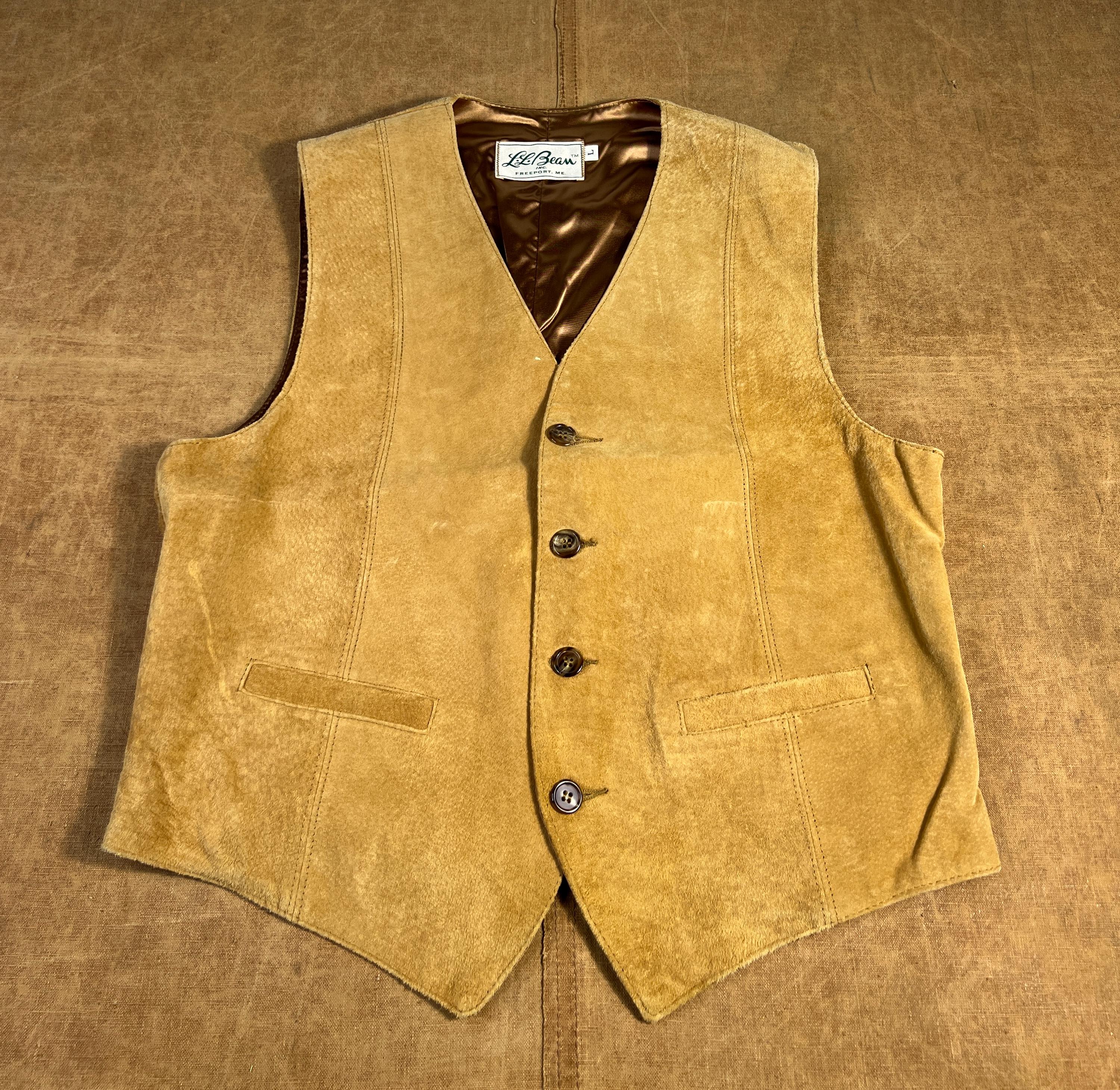 Vintage 70's LL Bean Two Pocket Suede Leather Made in USA Basic Essential Brown Button Up Vest Large