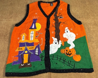 Vintage 90's Holiday Editions Halloween Ghost Pumpkin Picture Knit Orange Button Up Vest Extra Large Women