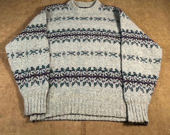 Vintage 80er Jahre Eddie Bauer Geometrisches Muster Wolle Nylon Made in USA Grau Strick Pullover Große Herren