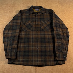 Vintage 80's Pendleton Board Shirt Plaid Wool Brown Button Up Shirt Medium
