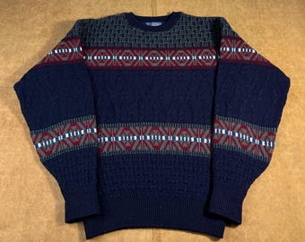 Vintage 80er Jahre Pendleton Zopfmuster Fischer Geometrisches Muster Wolle Material Made in USA Navy Strickpullover Medium