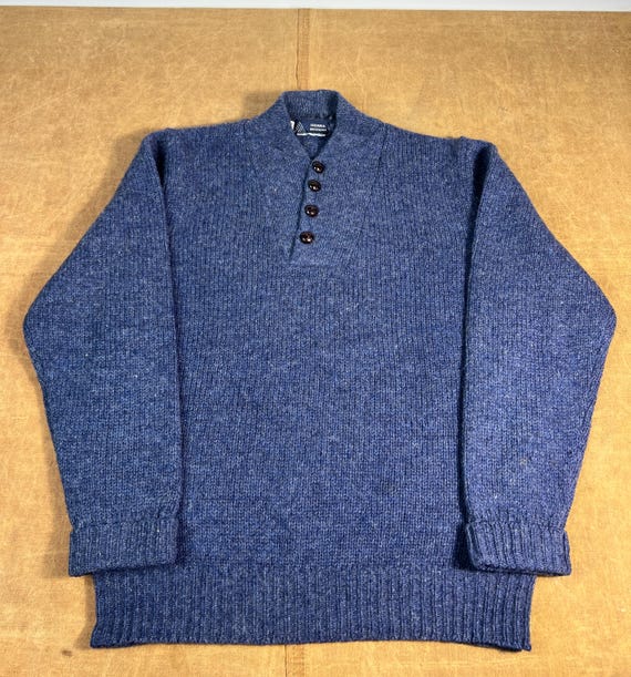 Sierra Designs, Vintage 80’s 70’s Sierra Designs Button Up Wool Material Essential 1980s Fashion Blue Knit Sweater Large Mens Outdoor Wear Henley