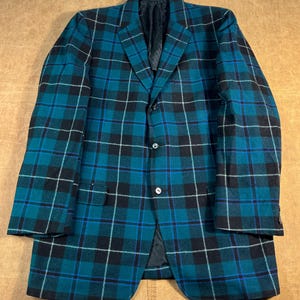 Vintage 50’s 60’s Merrill Woolen Mills Plaid Pattern Wool Blazer Sport Coat Blue Button Up Jacket Large