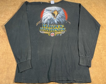 Vintage 80’s Harley Davidson Motorcycle Biker 3D Emblem Eagle Made in USA Distressed Black Graphic Long Sleeve Shirt Large