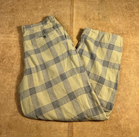 Valentino, Vintage 80’s 90’s Valentino Loose Baggy Fit Plaid Pattern Cotton Material Button Fly Made in Italy Brown Trouser Pants 30 Waist Mens