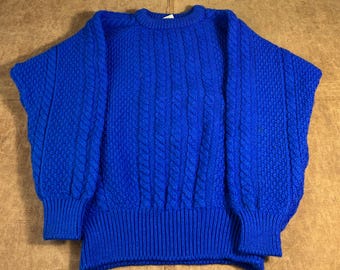 Vintage 80’s 90’s Carraig Donn Cable Fishermen Irish Pure New Wool Made in Ireland Blue Knit Sweater Large Chunky Knit Sweater