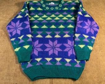 Vintage 80er Gallagher Snowflake Geometrische Mohair Zottelgrün Strick Pullover Medium