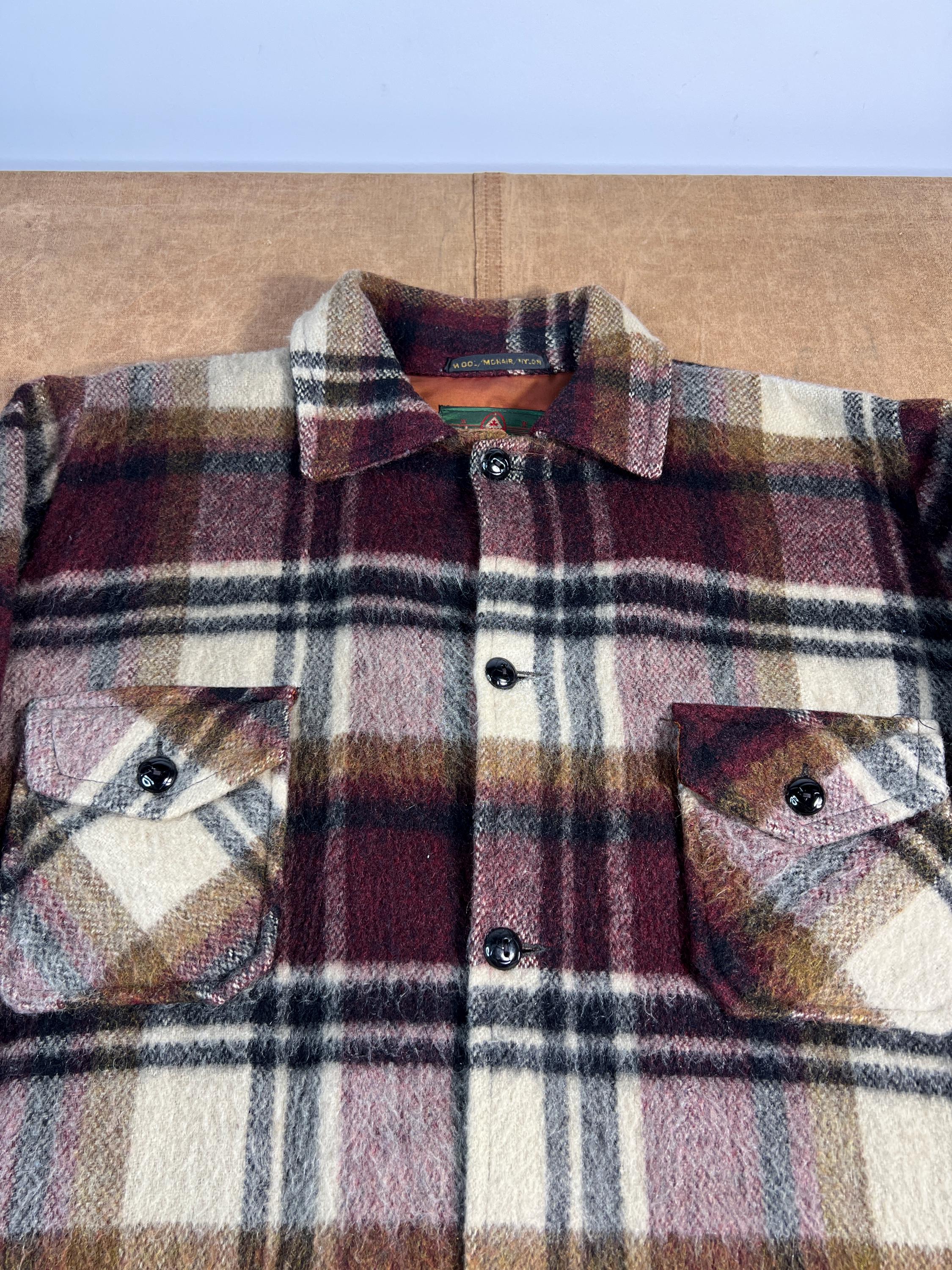 Vintage 60's Mohair Camper Coat Four Pocket Plaid Pattern Wool