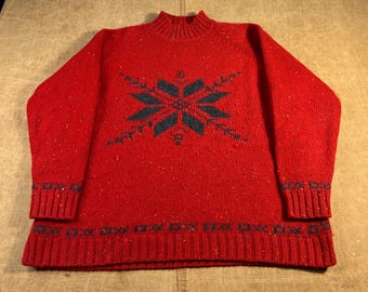 Vintage 90's Eddie Bauer Snowflake Wool Turtleneck Red Knit Sweater Extra Large Women