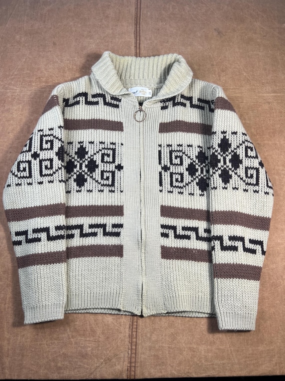 Vintage 70s Shawl Collar Aztec Pattern The Knitting Mill Wool Material 1970s Fashion Tan Zip Up Sweater Large Mens