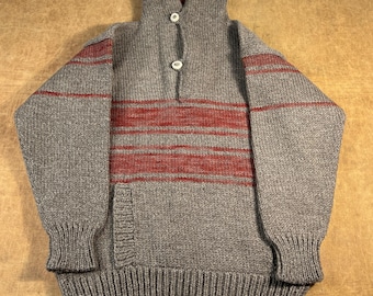 Vintage 70er Jan Knits Montana Reine Wolle Eine Tasche gestreiften Muster Made in USA Grau Schalkragen Pullover klein