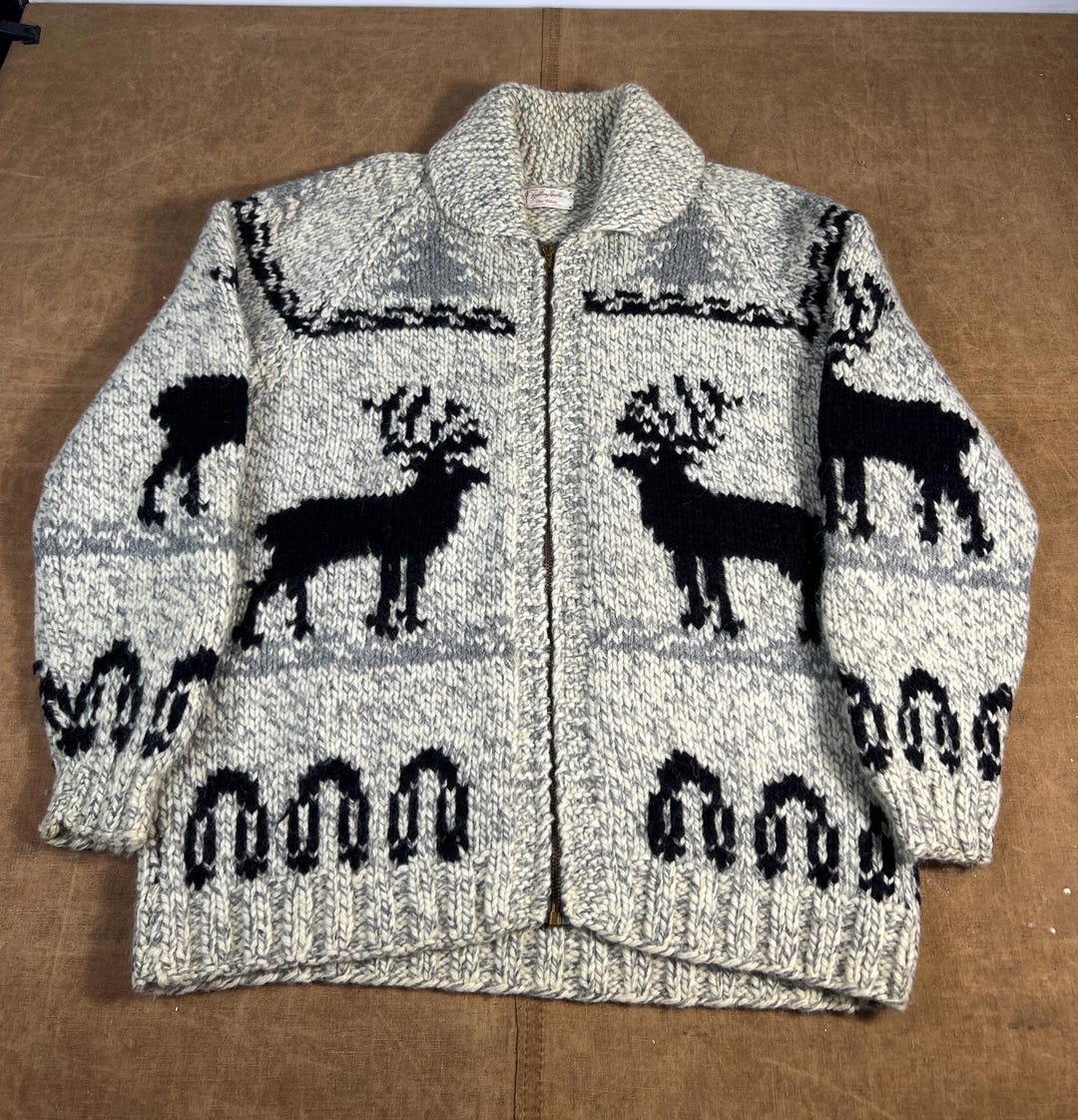 Vintage 60's 70's Deer Moose Cowichan Wool Material Hand Knit