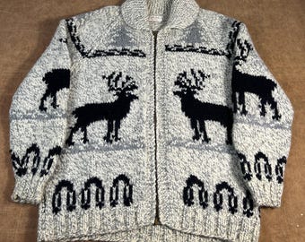 Vintage 60’s 70’s  Deer Moose Cowichan Wool Material Hand Knit Heavy Duty Tan Zip Up Sweater Large Mens Made In Canada