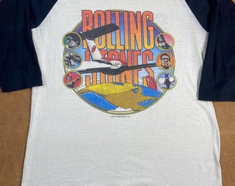 Vintage 80s Raglan Rolling Stones Graphic Tee Retro Rock Band Shirt Rare