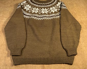 Vintage 70er Rundhals Blumenmuster Wollstoff Braun Strick Pullover Groß