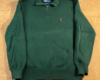 Vintage 90er Jahre Polo Ralph Lauren Quarter Zip Small Pony Casual Green Pullover Sweater Large