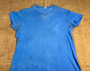 Vintage 60’s 100% Hanes Basic Blank Distressed Faded Style Made in USA Single Stitch Blue T Shirt Extra Large Mens thrashed well worn