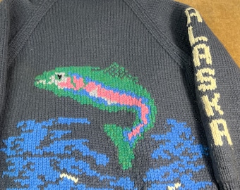 Vintage 60’s Cowichan Alaska Fisherman Fish Outdoors Talon Zipper 1960’s Fashion Grey Zip Up Sweater Extra Large Mens Chunky Knit