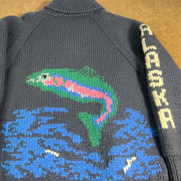 Vintage 60’s Cowichan Alaska Fisherman Fish Outdoors Talon Zipper 1960’s Fashion Grey Zip Up Sweater Extra Large Mens Chunky Knit