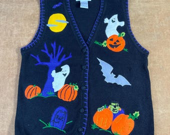 Gilet da donna vintage anni '90 con bottoni neri ricamati, stile zucca spaventosa di Halloween, taglia M