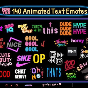Paquete de 140 emoticones de texto animados / Emotes de memes de Twitch / Emotes de Discord / Emotes para streamers y gamers / Paquete de emoticones / Emotes de texto / GIF