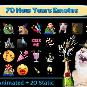 May include: A collection of 70 animated and static New Year's emotes featuring a variety of characters and designs. The emotes include a cat wearing a "Happy New Year" hat, a green frog, a raccoon, a dog, and a variety of other festive images. The text "*gives kith*" is also included in the image.