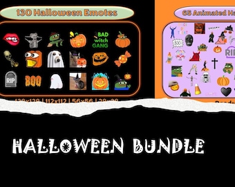 May include: A Halloween bundle graphic with two sections. The left section displays 130 Halloween emotes, including pumpkins, ghosts, and text. The right section shows 65 animated Halloween emotes. The text "Halloween Bundle" is at the bottom.
