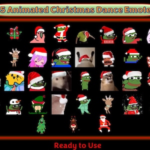 Può includere: Una griglia di 35 emoji di danza di Natale animati. Gli emoji presentano una varietà di personaggi, tra cui un pupazzo di neve, una rana, una renna e un gatto. Gli emoji sono tutti in uno stile natalizio festivo, con colori rosso e verde e accessori a tema natalizio. Il testo "35 emoji di danza di Natale animati" è in cima alla griglia, e il testo "Pronto all'uso" è in fondo.