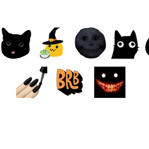 May include: A set of Halloween-themed digital stickers featuring a black cat, a witch, a pumpkin, a scary face, and a spooky smile.
