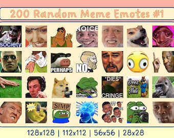 May include: A collage of 20 meme emotes, including images of popular internet memes like Doge, Pepe, and the Distracted Boyfriend. The emotes are arranged in a grid with different sizes, labeled 128x128, 112x112, 56x56, and 28x28.