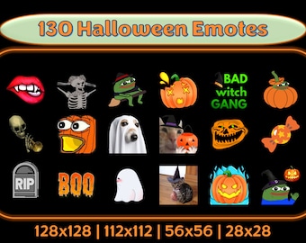 May include: A collection of 130 Halloween themed emotes in various sizes, including 128x128, 112x112, 56x56, and 28x28 pixels. The emotes feature a variety of spooky and fun characters, such as ghosts, pumpkins, skeletons, and witches.