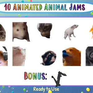 May include: A colorful graphic with the text "10 Animated Animal Jams" and a collection of 10 animated animal gifs. The gifs include a cat, a dog, a hamster, a monkey, a raccoon, a goldfish, and more.