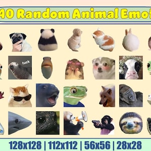 May include: A collage of 140 different animal emoticons in various sizes, including 128x128, 112x112, 56x56, and 28x28 pixels. The emoticons feature a variety of animals, such as cats, dogs, frogs, fish, and more. The emoticons are all in a cartoon style and have different expressions, such as smiling, frowning, and surprised.