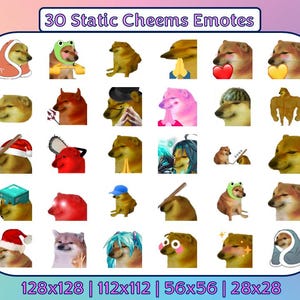 Può includere: Una collezione di 30 emoticon statiche di Cheems, che presentano una varietà di espressioni e pose. Le emoticon sono disposte in una griglia, con ogni emoticon che misura 128x128 pixel, 112x112 pixel, 56x56 pixel o 28x28 pixel.