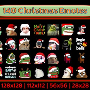 May include: A collection of 140 Christmas-themed emotes in various sizes, including 128x128, 112x112, 56x56, and 28x28 pixels. The emotes feature a variety of characters and designs, including a baby, a cat, a frog, a reindeer, a snowman, and a poop emoji.
