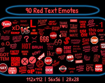 Pakket met 90 rode tekstemotes | Twitch-emoties | Discord-emoties | Tekstemotes voor streamers en gamers | Emotepakket | Tekstemoties | Woordemoties