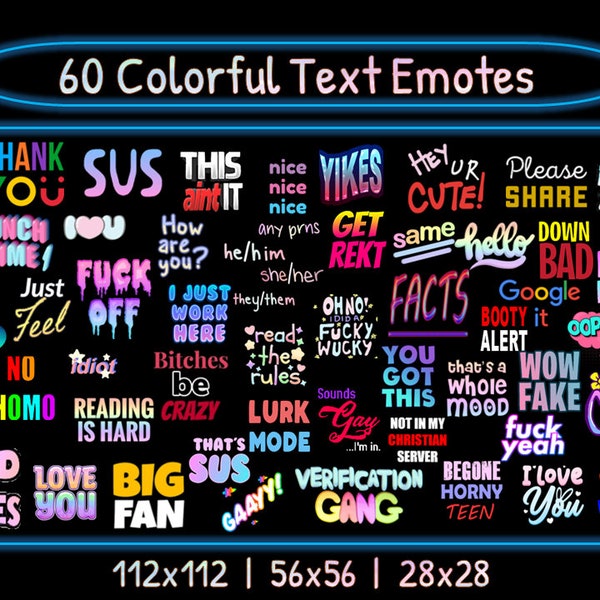 60 Colorful Text Emotes Pack | Twitch Emotes | Discord Emotes | Text emotes for streamers and gamers | Emote pack | Text emotes | Word emote