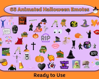 May include: A collection of 65 animated Halloween emotes, including ghosts, pumpkins, skulls, witches, and more. The emotes are displayed on a purple background with the text "65 Animated Halloween Emotes" and "Ready to Use".
